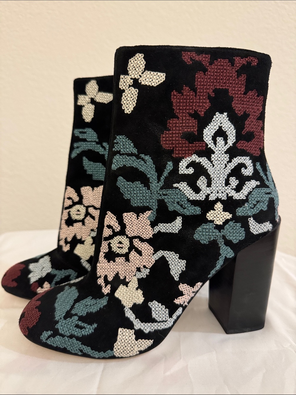 Rebecca Minkoff Black Embroidered Floral Ankle Boots